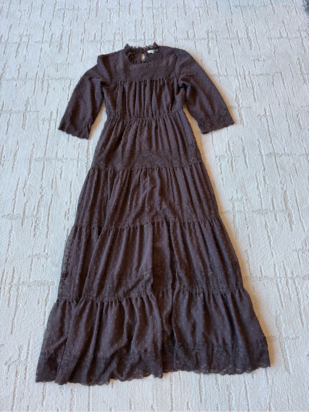 Bohme Tiered Dress in Chocolate Brown with Lace Detail Small